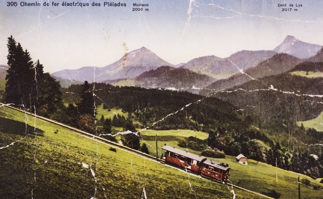 CEV Pléïades vers 1930 CEV, Train en ligne entre Lally et les Pléïades. Carte postale, année incomue