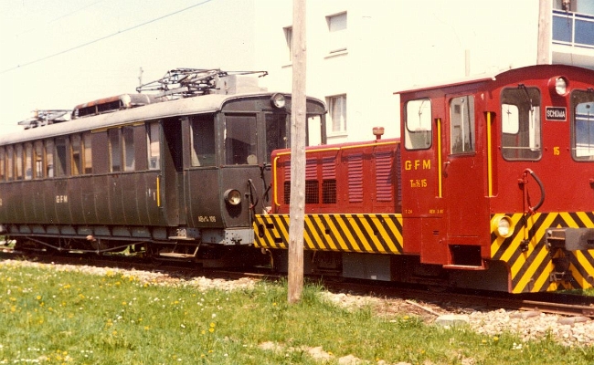 tpf-abe-106-tm-15-chstdenis GFM, TPF, Be 4/4 106, Tm 2/2 15 -- Châtel-St-Denis -- 03.1982